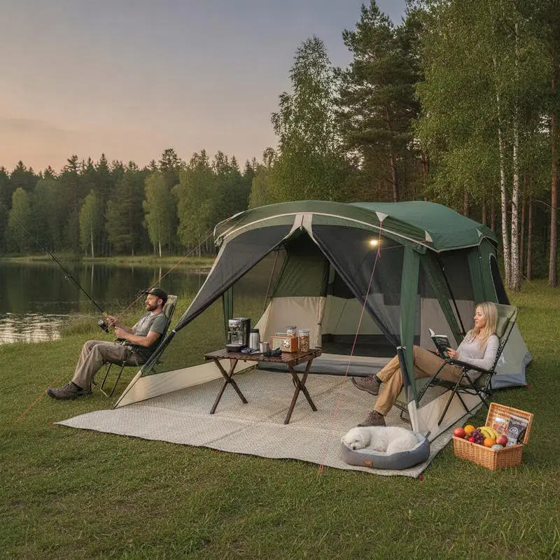 Tente de camping avec auvent, 4 personnes, verte, imperméable, idéale pour la randonnée en banlieue, le camping en bord de lac et les séjours de nuit en bord de mer, avec une excellente performance d'étanchéité.