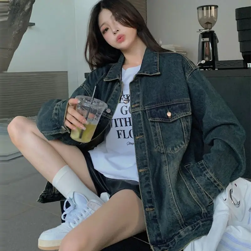 Women's Vintage Washed Denim - Loose Fit Casual Long Sleeve Outerwear Fall Trendy Relaxed Style Blue Jean