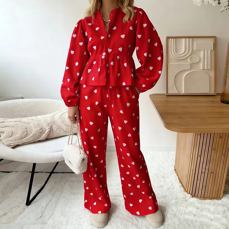 

Женские пижамные комплекты ко Дню святого Валентина, милая рубашка на пуговицах с длинными рукавами и принтом сердца, длинные брюки, праздничная одежда для дома из 2 предметов