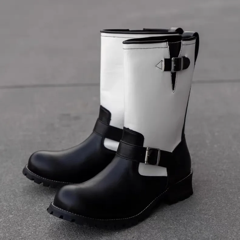 جديد الخريف/الشتاء الرجال الكاكي الجلد المدبوغ مهندس الأحذية قصيرة على شكل كعب مكتنز زيادة جولة تو حزام مشبك ديكور أحذية عمل