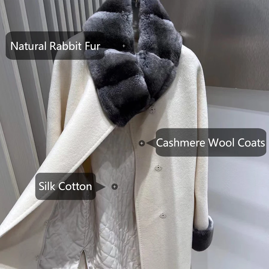 겨울 울 코트 여성용 리얼 퍼 코트 리얼 렉스 토끼털 칼라 따뜻한 캐시미어 재킷 천연 모피