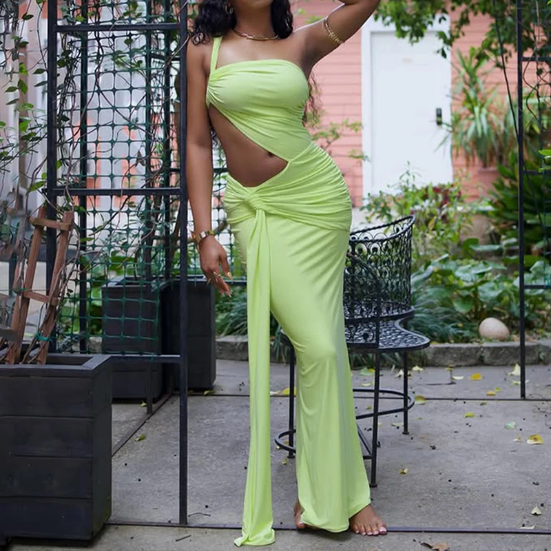 BKLD un hombro asimétrico sin mangas sin espalda Color sólido moda Sexy ceñido al cuerpo cintura fruncida recortado paquete caderas vestidos largos