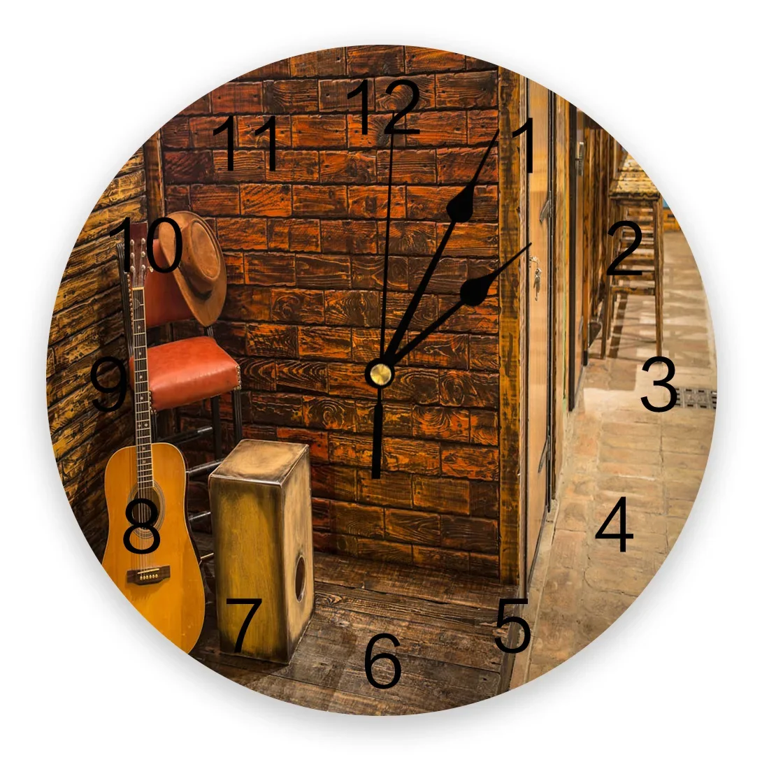 Guitar Items Wall Bricks Round Wall Clock Acrylic Hanging Silent Time Clock Home Interior Bedroom Living Room Office Decoration