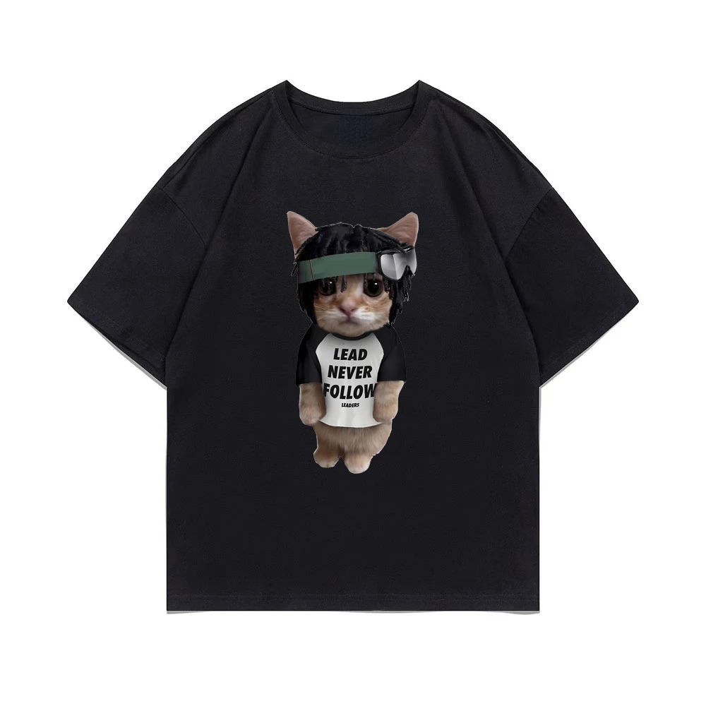 LEAD NEVER FOLLOW LEADERS Funny Cat Print T-shirt Hilarious Unisex Oversized Short Sleeve Crew Neck Hip Hop Shirt