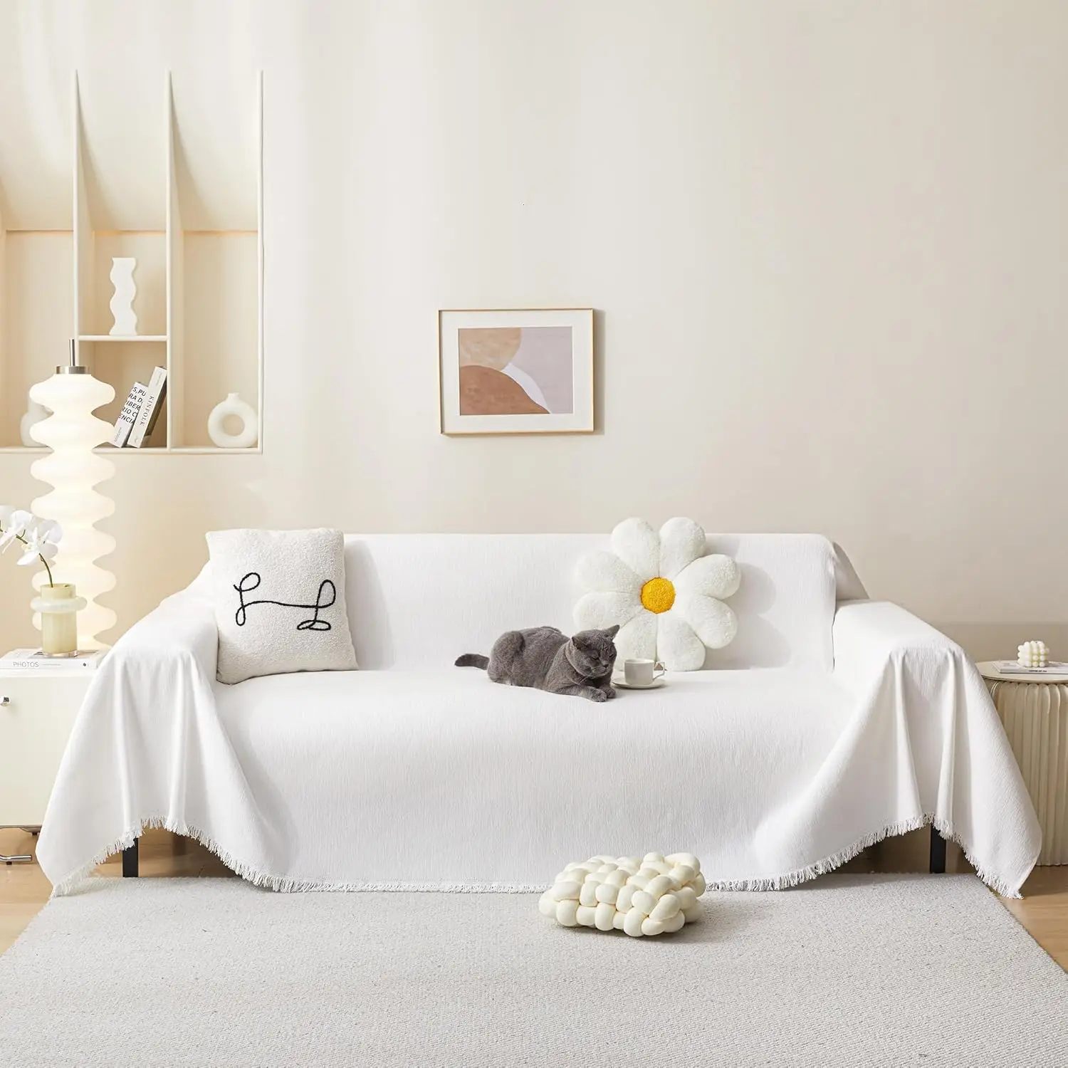 

White Chenille Sofa Slipcover Washable Sectional Couch Cover Thick Soft Fabric Pet Friendly Living Room Protector 71x118