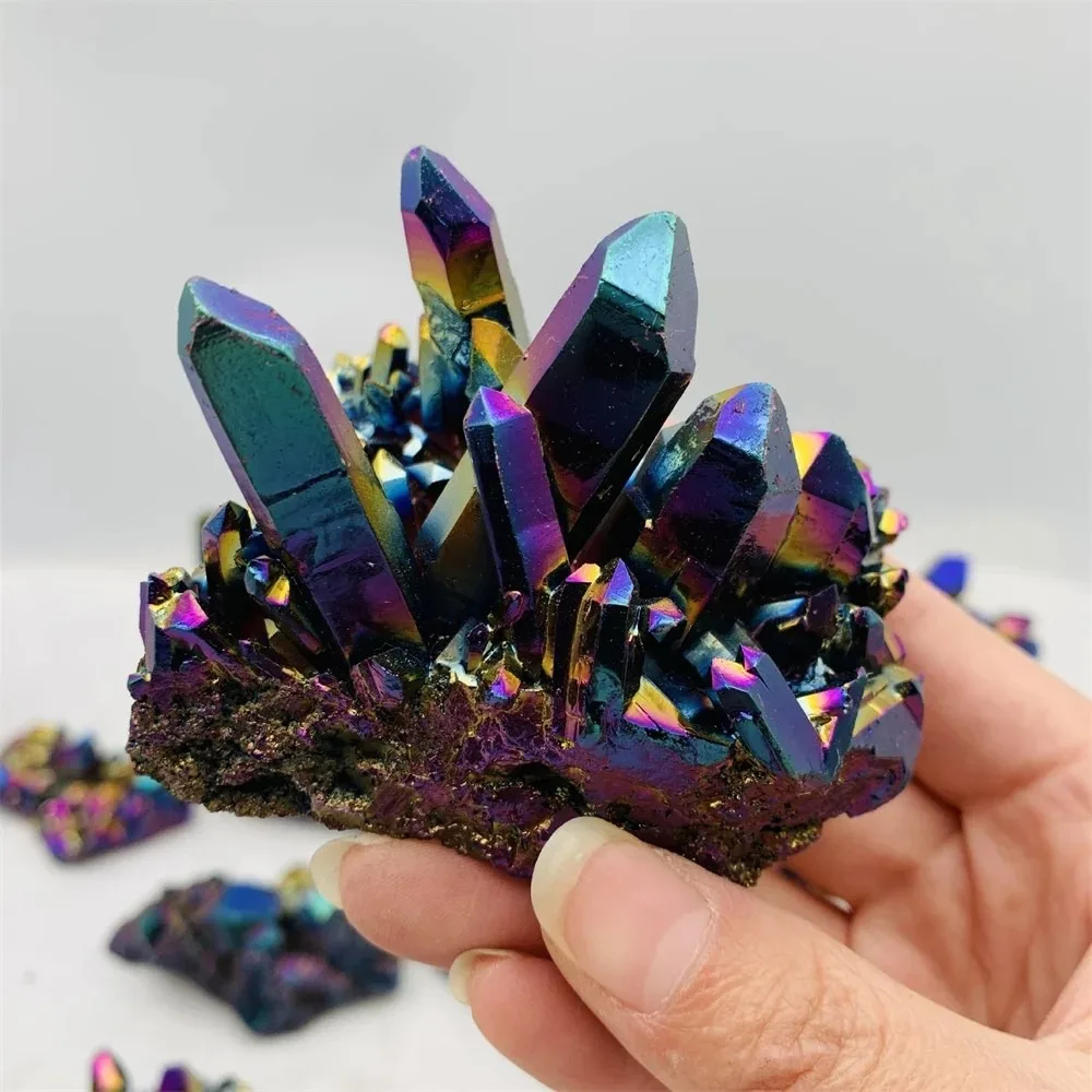 Rainbow Titanium Coated Natural Quartz Crystal Cluster Point, Raw Healing Stone Specimen for Meditation, Reiki Energy