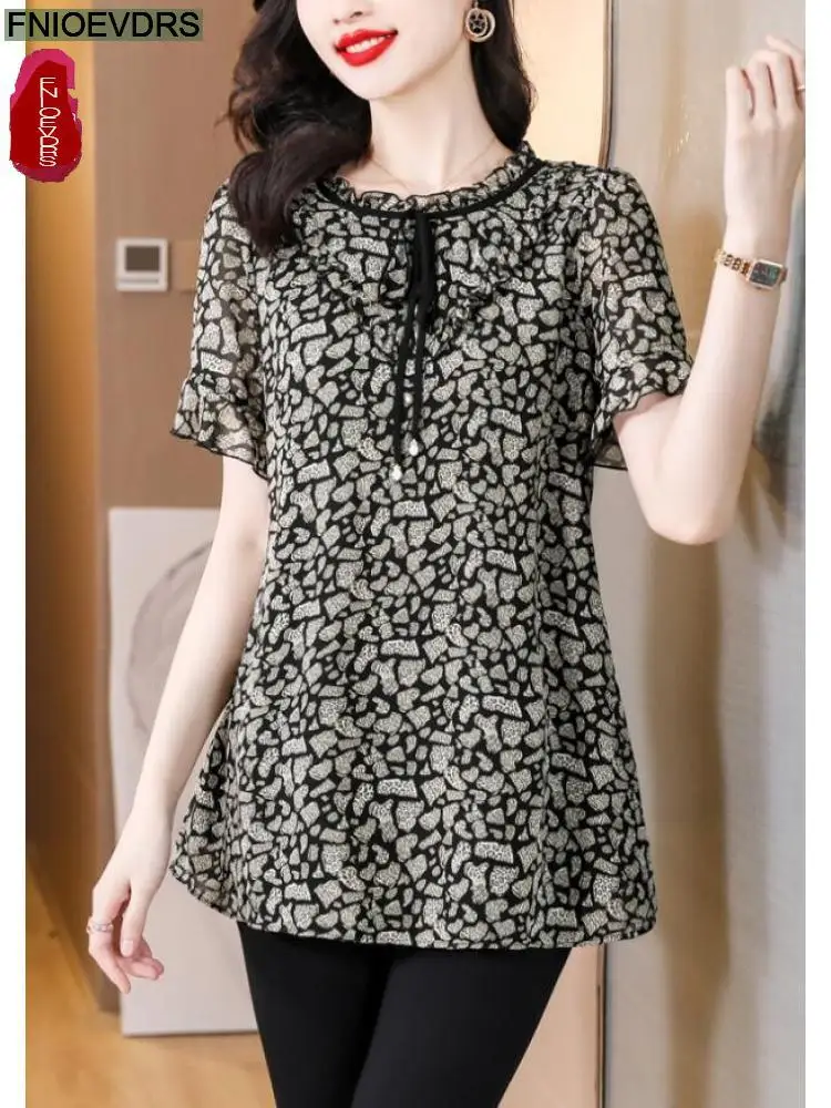 M-5XL 2023 Loose Clothes Women French Design Elegant Office Lady Shirt Casual Retro Floral Print Black Bow Tie Tops Blouses