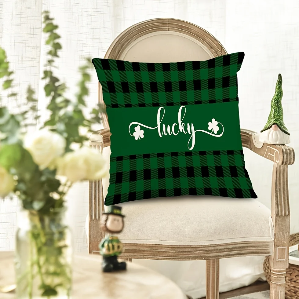 Lucky Clover Plaid Print Throw Pillow - Perfect for Cozy, Whimsical Home Decor - Soft, Stylish Cushion for Any Room or Sofa