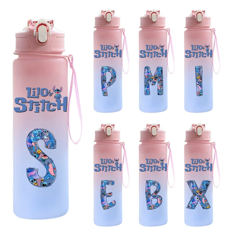 750Ml Disney Lilo Stitch Water Bottle Portable Plastic Drinking Straw Thickened Double Straw for Outdoor Fitness Jug