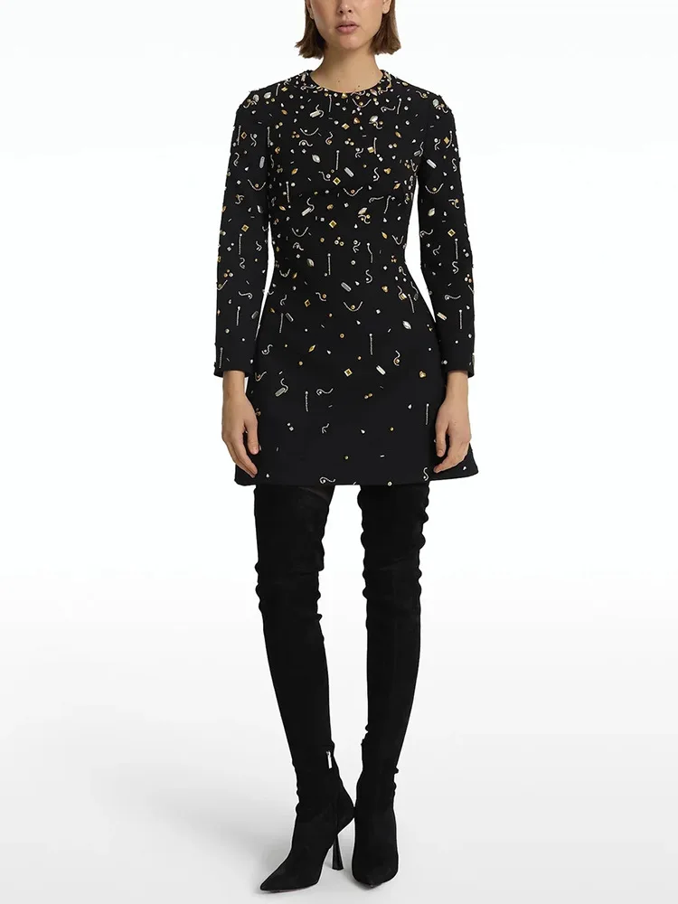 HÖCHSTE QUALITÄT Neuestes 2026 Designer-Mode Damen Langarm-Kleid mit Diamanten und Perlen