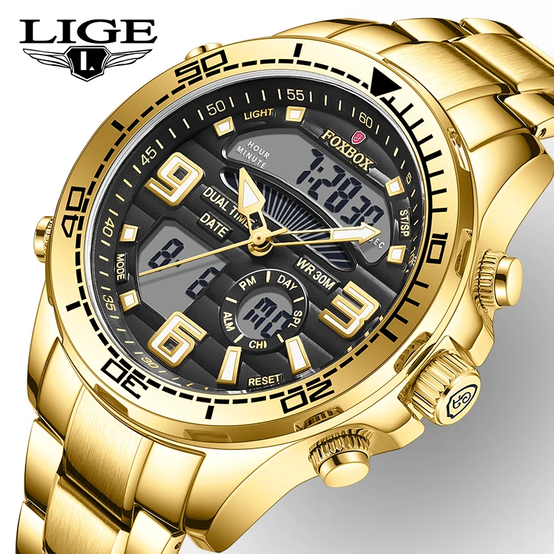 

LIGE Лучшие роскошные мужские часы FOXBOX со светодиодной подсветкой и большим циферблатом, военные мужские часы из нержавеющей стали, водонепроницаемые кварцевые наручные часы Reloj Hombre