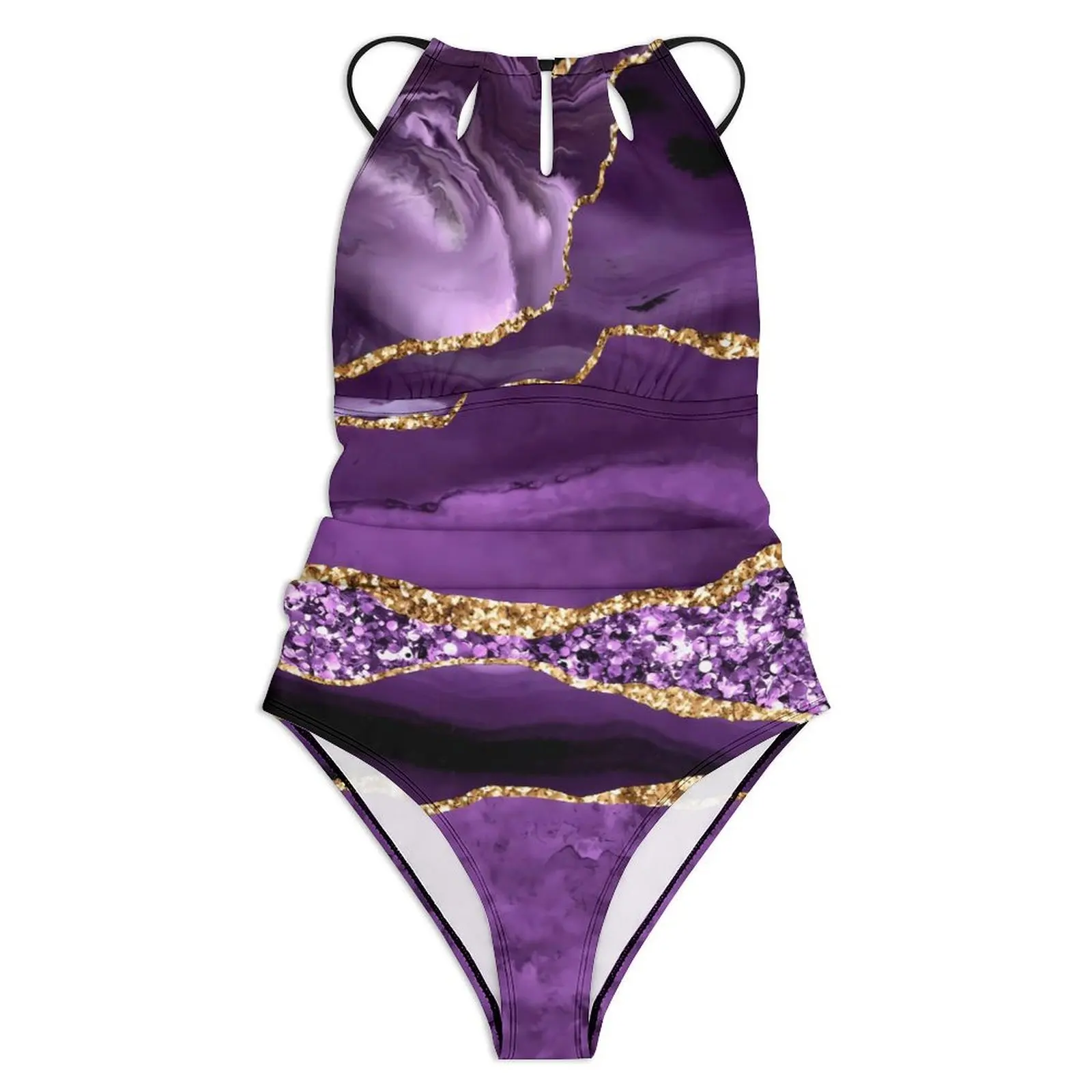 Marble Print Swimsuit Purple And Gold Push Up Swimwear One-Piece Surfing Bathing Suit Bodysuit Sexy Design Beach Outfits