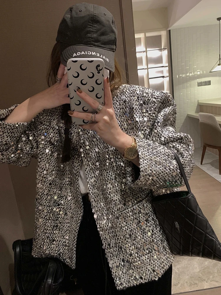 Fashion Sequins Tweed Jackets Women Spring Korean Elegant Office Lady O Neck Coat Y2K Luxury All Match Long Sleeve Outerwear