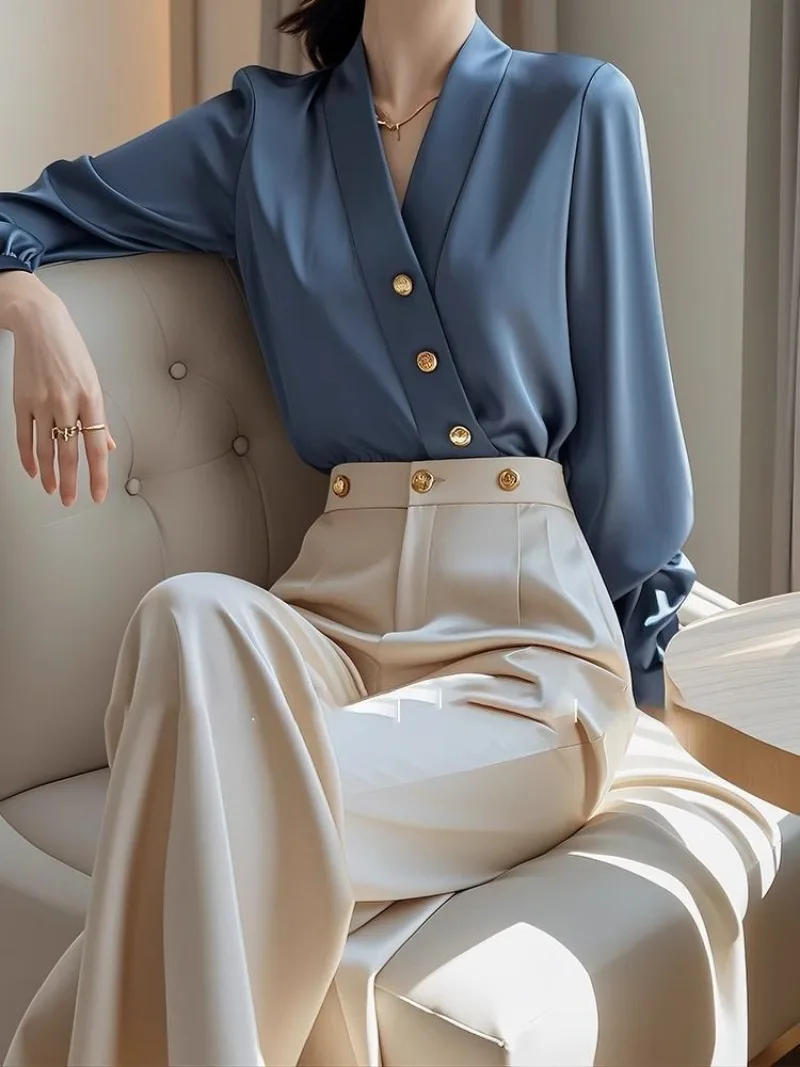 

New High End Fashion Design Two Piece Set Women Autumn Satin V-neck Long Sleeve Shirt Top + High Waist Wide Leg Pants Suit
