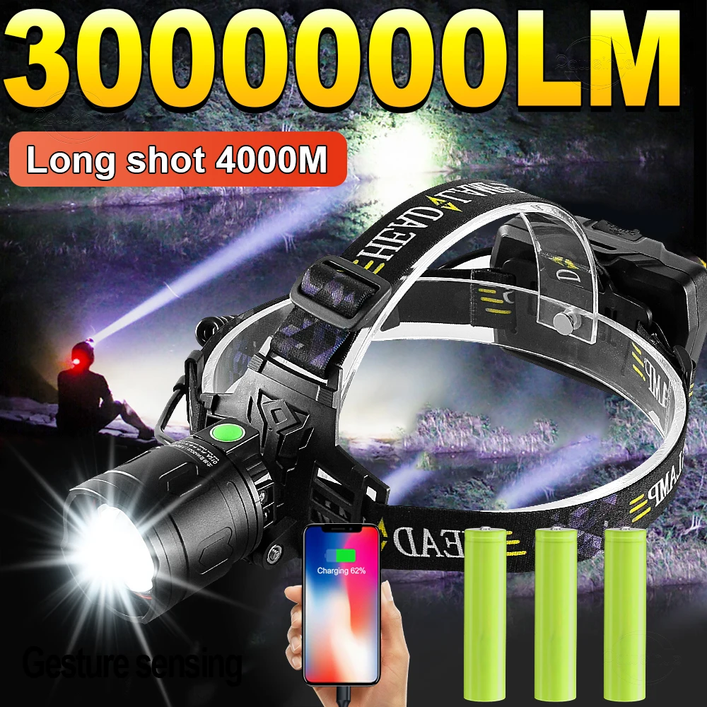 3000000LM High Lumens Powerful LED Headlamp Rechargeable Head Flashlight Light Fishing Camping Headlight 3*18650 Battery Lantern