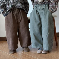 Wide Leg Pants Autumn New Children Clothing Make Old Cotton Straight Pants Baby Loose Simple 2024 Elastic Waist Solid