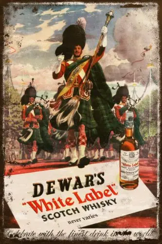 Dewars' White Label Whisky Vintage Advert Aged Look Metal Sign, Plaque