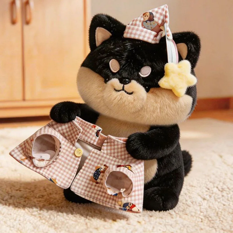 

Милая плюшевая игрушка Шиба-ину «Спокойной ночи»: черный пёс в пижаме со звездной шапкой, со съемной одеждой, мягкая плюшевая кукла, подарок