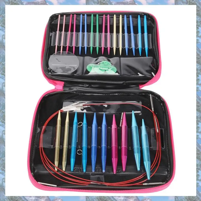 Flash Trend 26 Pieces Aluminum Interchangeable Circular Knitting Needle Set,13 Size Interchangeable For Knitting