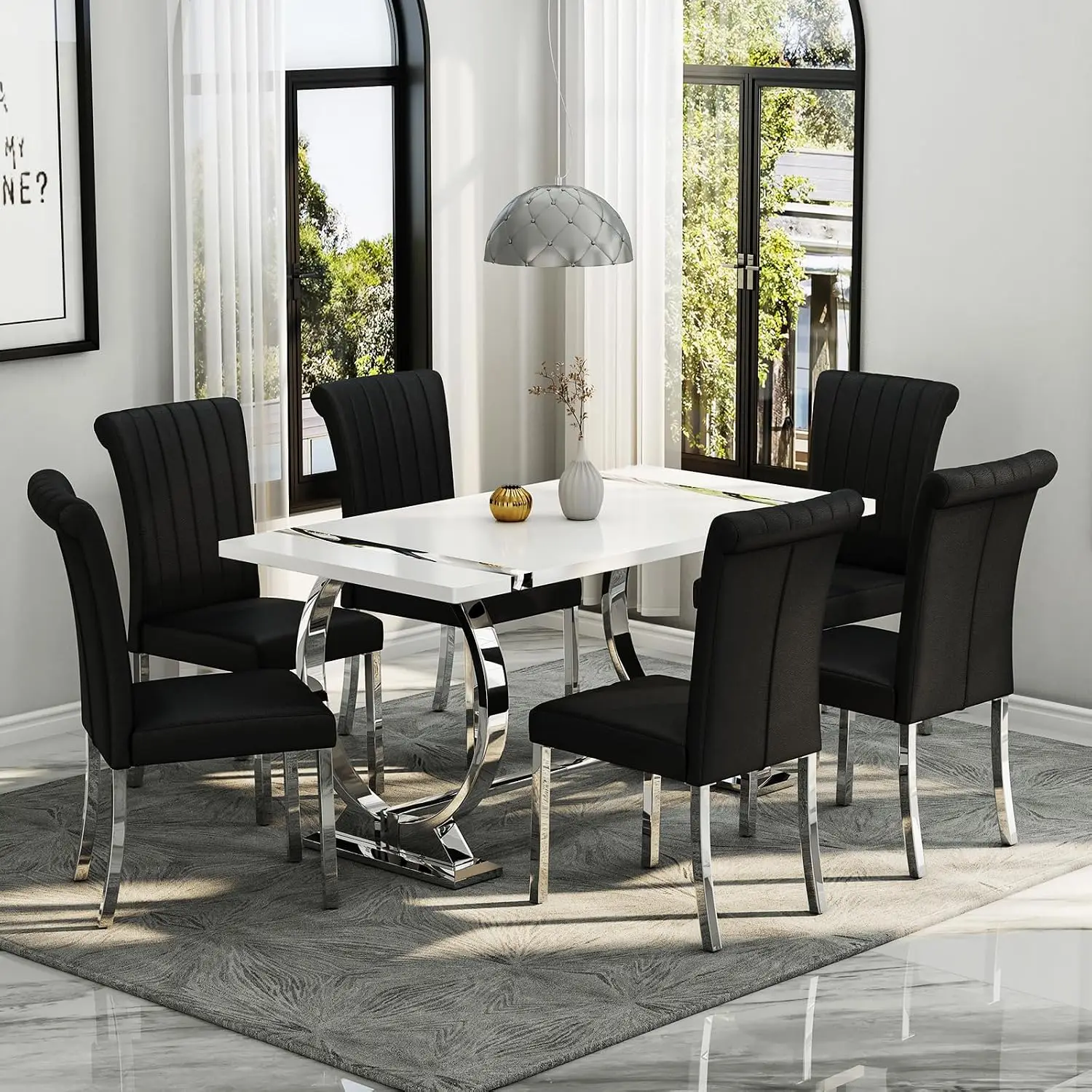 Black & Silver Dining Chair Set of 6 Faux Leather High Back Metal Chrome Legs for Kitchen Living Room Restaurant, Customized