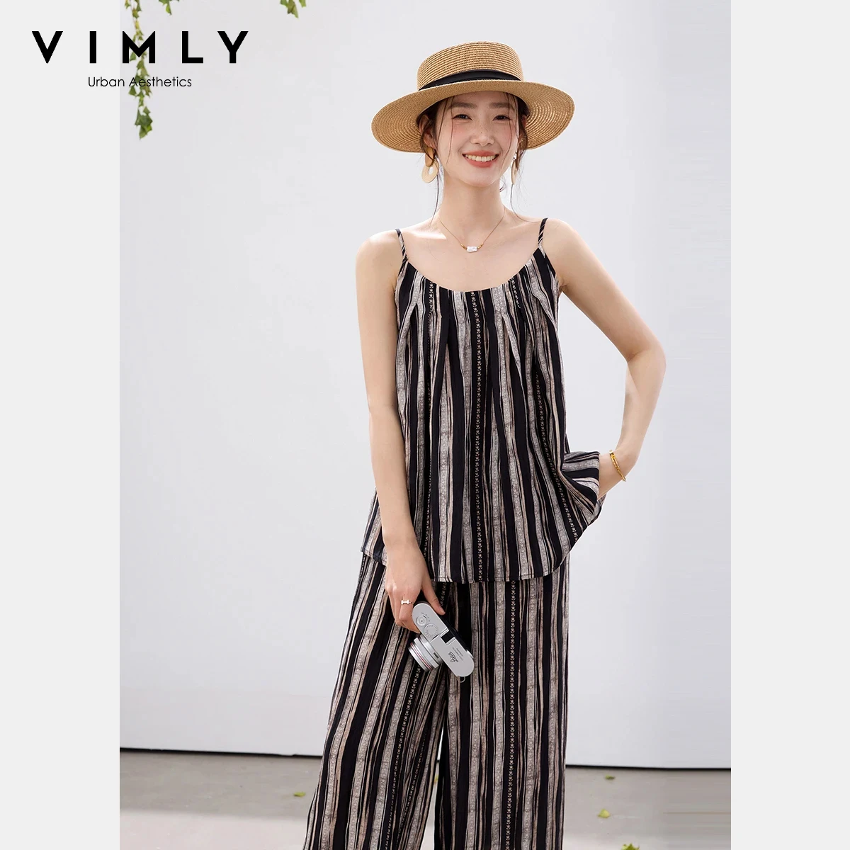 VIMLY-Conjunto de dos piezas con estampado Floral a rayas para mujer, camisola con cuello redondo, pantalones largos de pierna ancha, conjunto informal holgado A6172