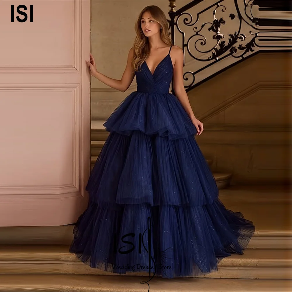 ISI Luxuriöses V-Ausschnitt Tüll A-Linien-Abendkleid mit Stufenrüschen, rückenfrei, trägerlos, für Abschlussball und Cocktailpartys, individuell anpassbar