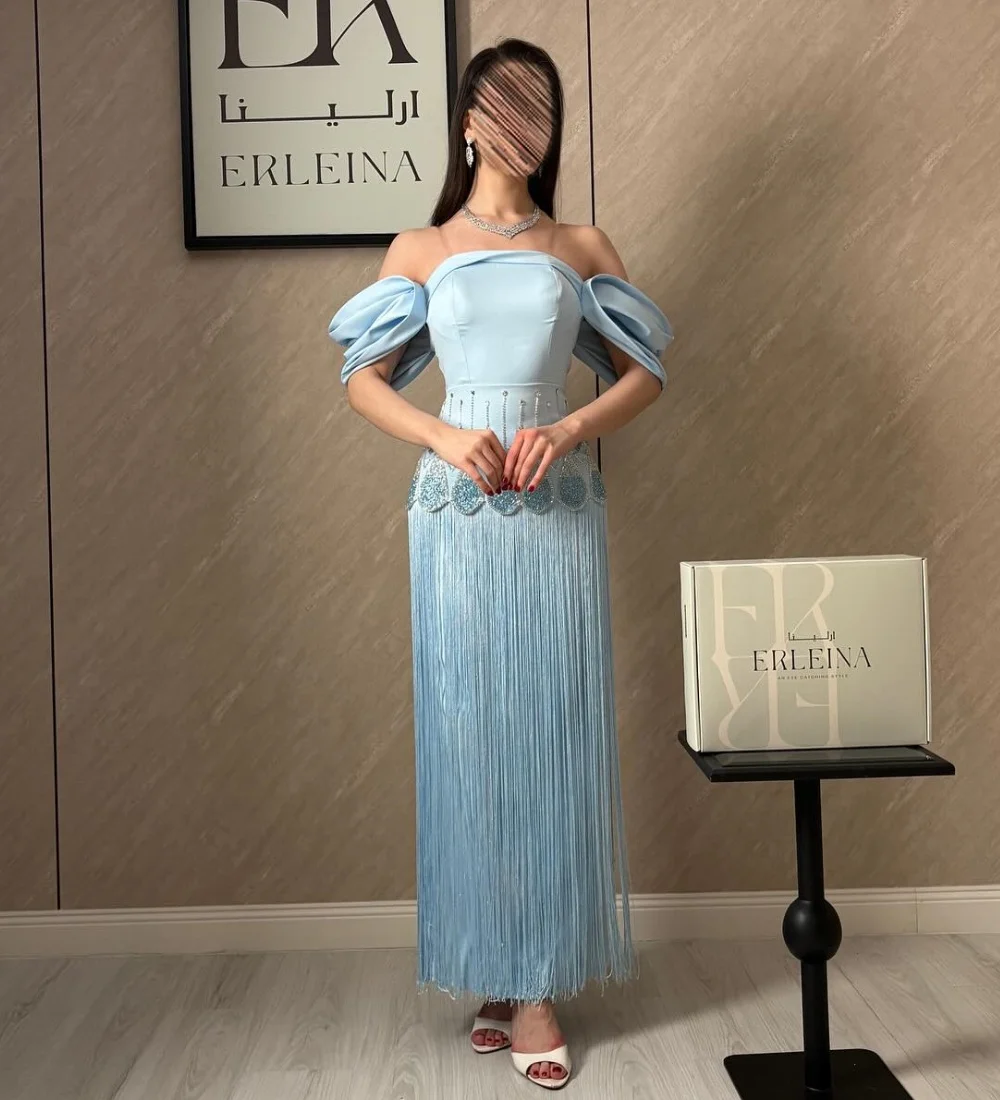 Customized Exquisite Jersey Pleat Sequined Pattern Tassel Straight Off-the-shoulder Long Bespoke Occasion Celebrity Dresses