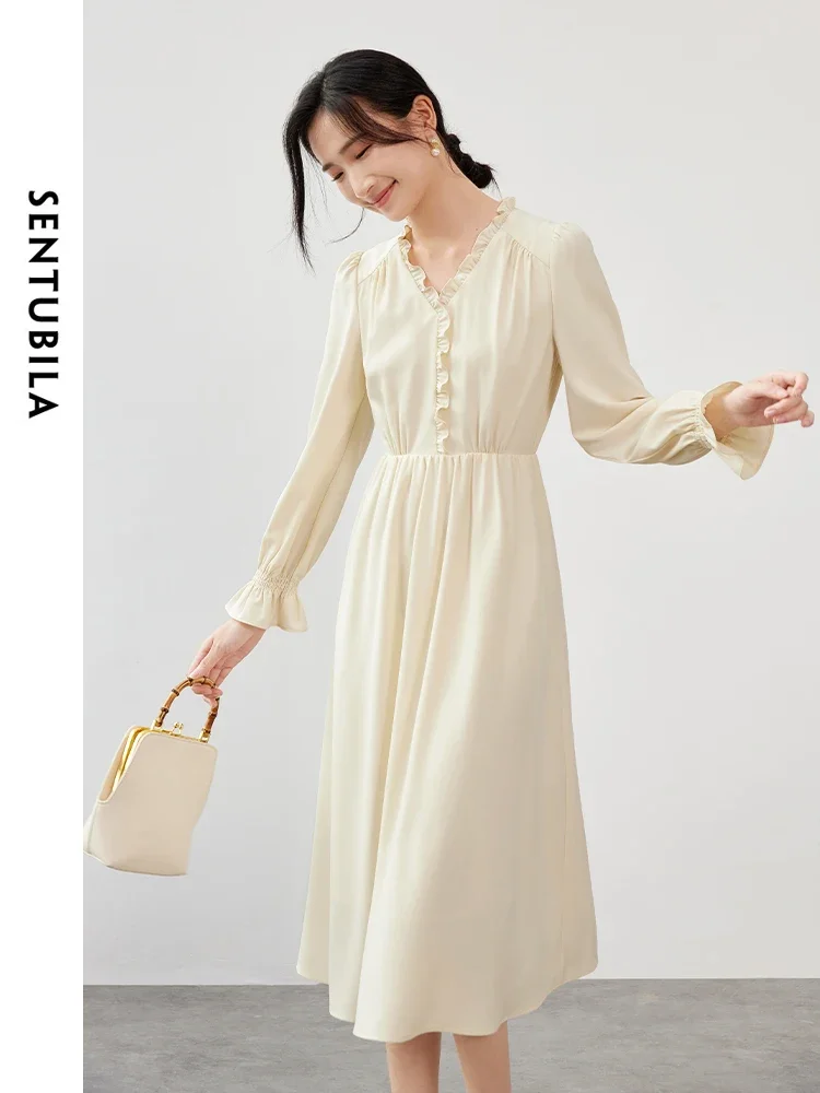 

SENTUBILA Women French A Line Dresses 2025 Spring Autumn Wave Fold Puff Sleeve V Neck Retract Waist Solid Dress 143L56489