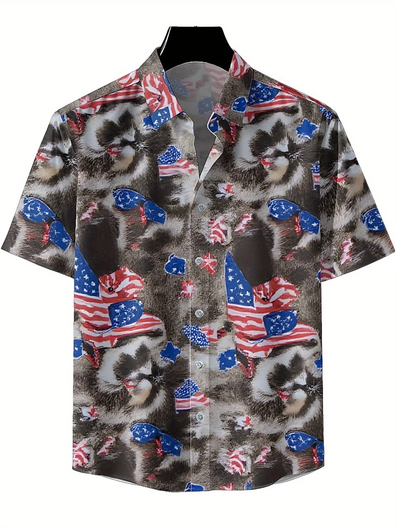 Kemeja Hawaii Ukuran Besar Pria Pola Bendera Amerika dan Rakun, Atasan Kasual Musim Panas, Cocok untuk Pesta Luar Ruangan, Pakaian Jalanan