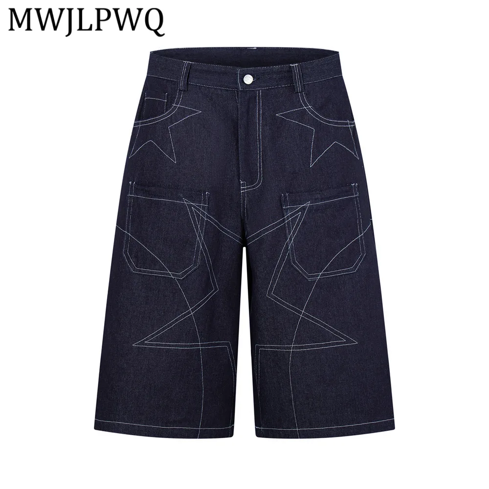 

Джинсовые шорты с контрастной строчкой MWJLPWQ для мужчин, летние свободные брюки прямого кроя в нишевом стиле с несколькими карманами, летние 15071