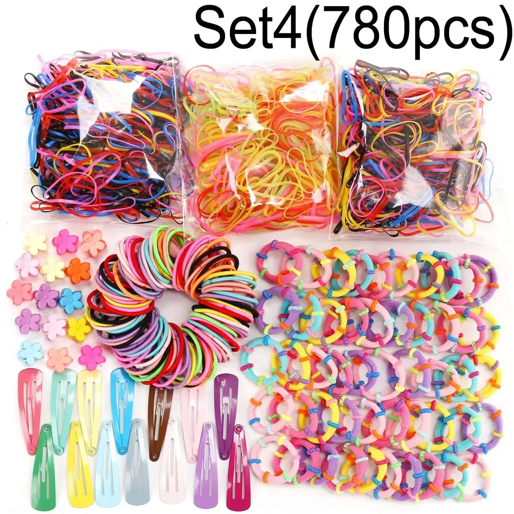 780pcs A Bag Of Multipurpose Children Lovely Colorful Flower Clip Bb Clip Bamboo Knots Disposable Hair Ring Leather Band Hair