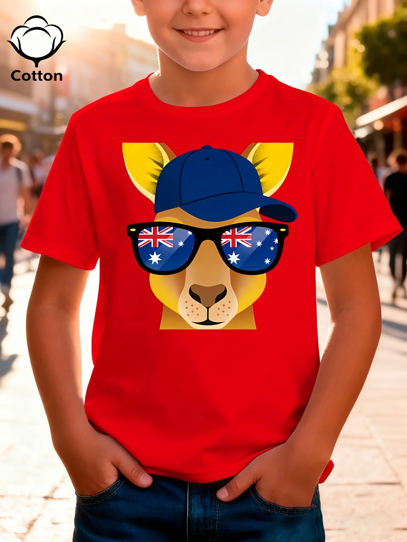 Australian Animal Red Kangaroo Children's T-shirt Creative Children's Clothing Short Sleeved Top Casual Parent-child Clothing