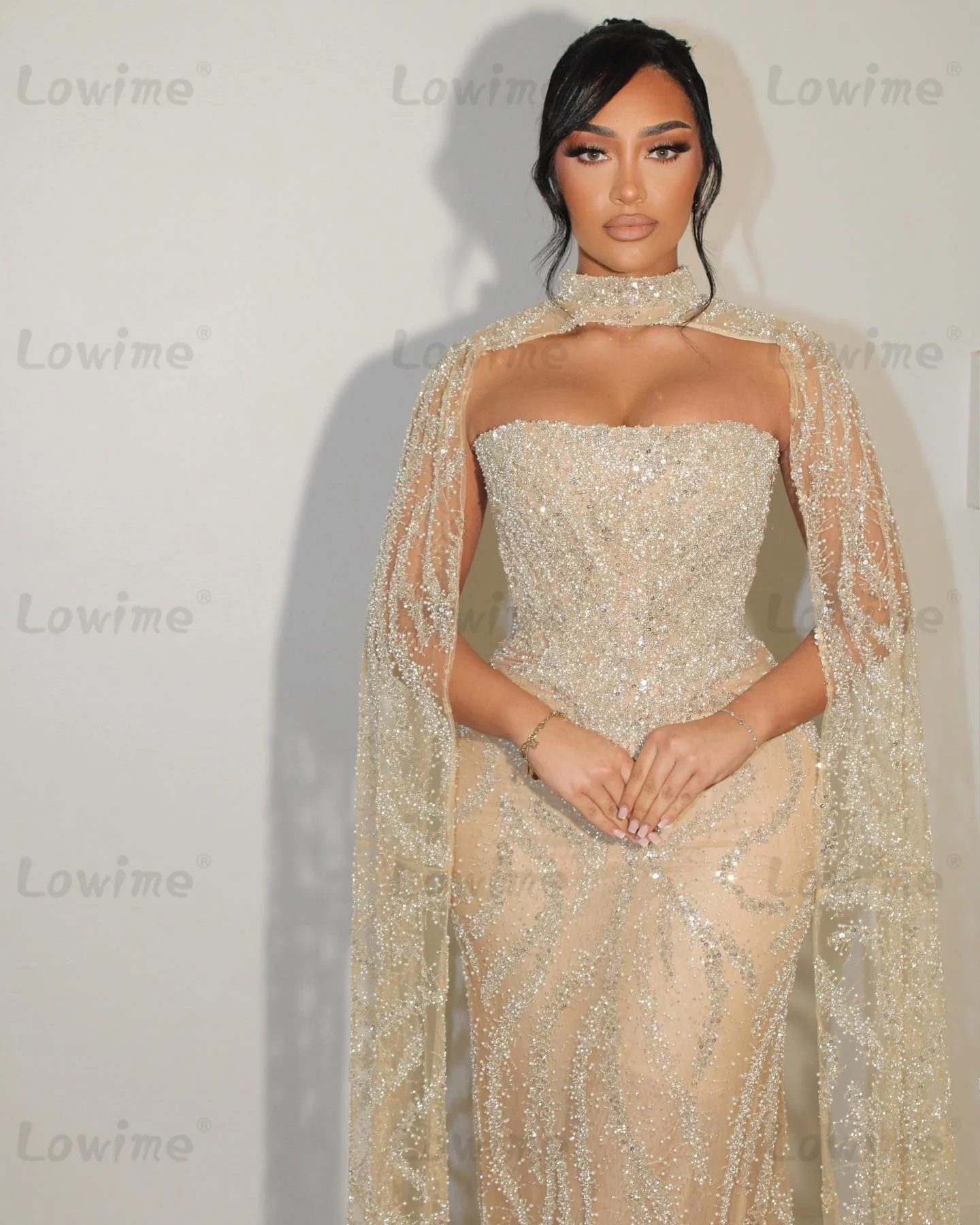 

Two Piece Formal Evening Dress Long Cape Sleeve Mermaid Champagne Party Dresses Customized Arabic Pearls Beaded Prom Gowns 2026
