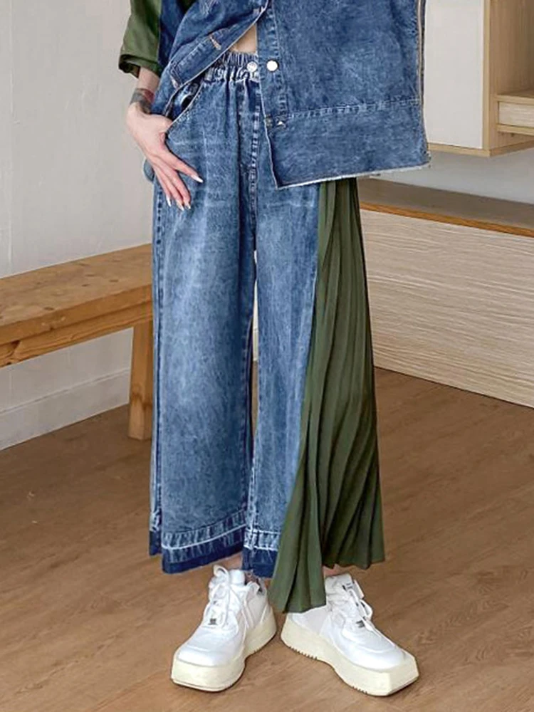 [EAM] High Waist Army Green Denim Pleated Long Wide Leg Jeans New Loose Women Trousers Fashion Tide Spring Autumn 2024 1DF7325