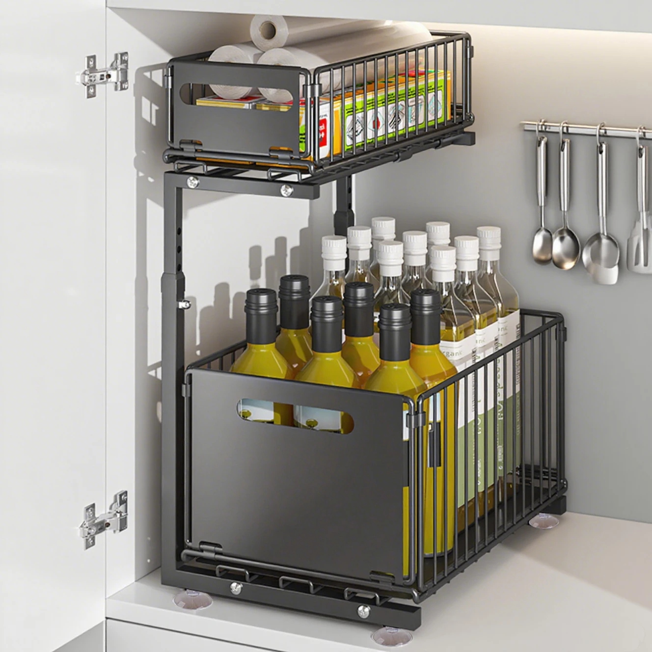 Organisateur de rangement sous évier à 2 niveaux coulissant, étagère de cuisine réglable, organisateur de placard extractible, support de rangement pour pots à épices