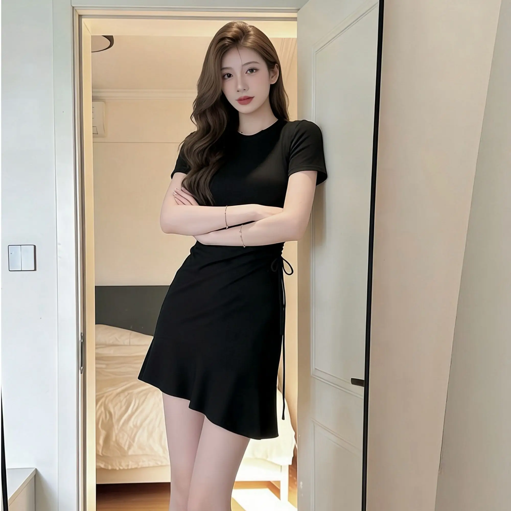 Slimming Black Dress Summer Design Drawstring Fish Tail Short Sleeve Ruche Women's Fashion Cleanfit O Type Skirt round Neck