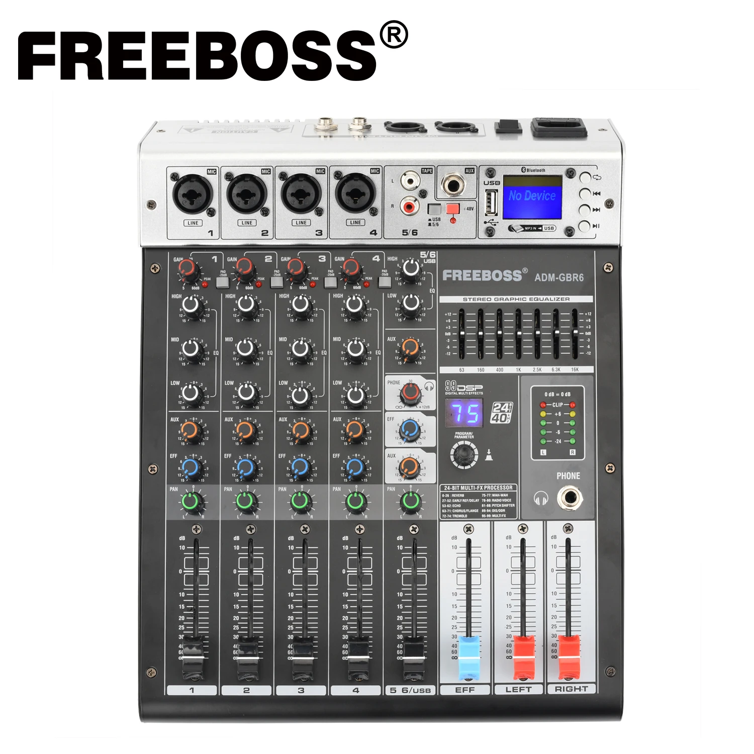 

Freeboss ADM-GBR8 Series 48V Phantom Power Repaeat Effect USB Function Bluetooth Karaoke DJ Console 99 DSP Mixer Audio 6 Channel