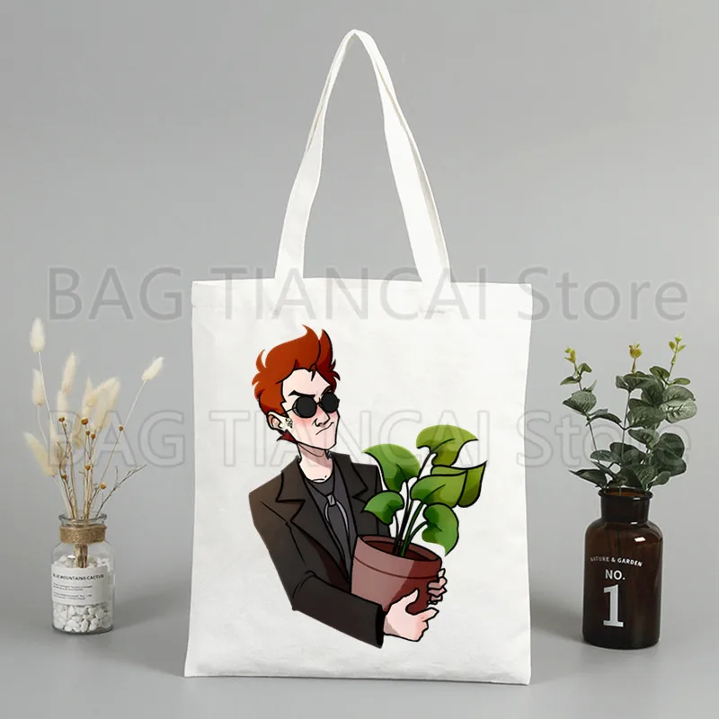 Good Omens To The World Shopper Bags for Women Resuable Tote Bag Harajuku Large Capacity Shopping Bag Anime Printing