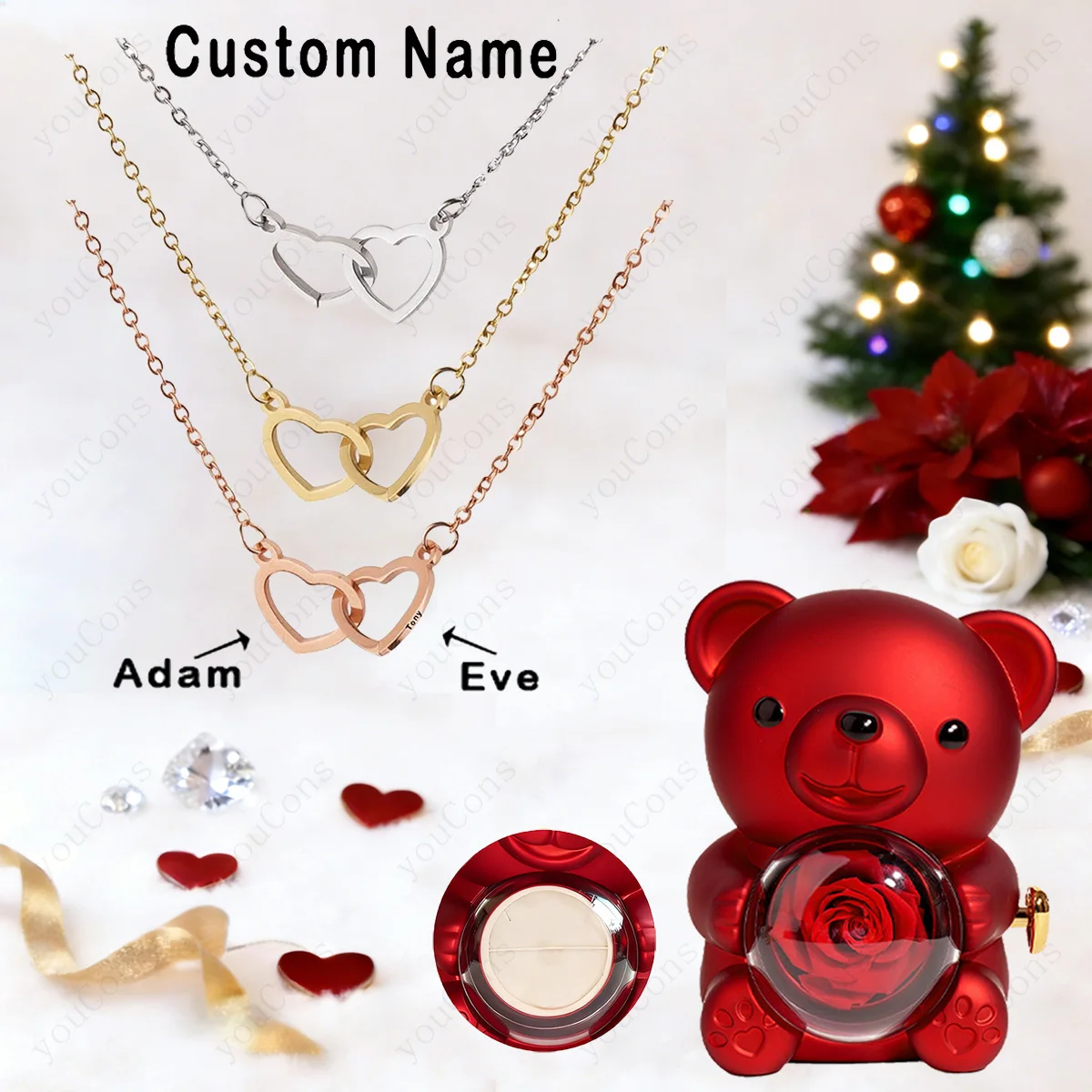 

Модное ожерелье с двойным сердцем и индивидуальной надписью, в подарочной коробке с роскошным красным медведем-розой, романтический сюрприз на День матери и День святого Валентина