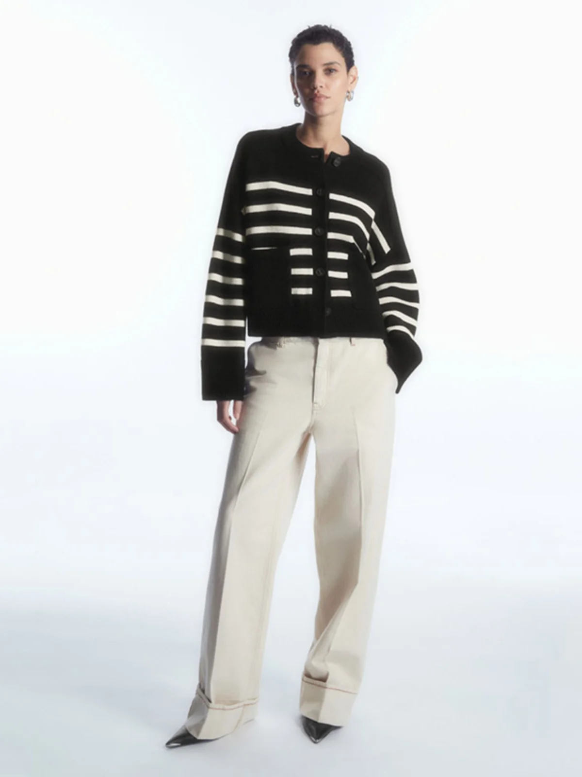

New Autumn Winter Women's Knitted Cardigan Casual round Ne Stripe Pattern ket Decorated Open Front Long Sve Outerwear