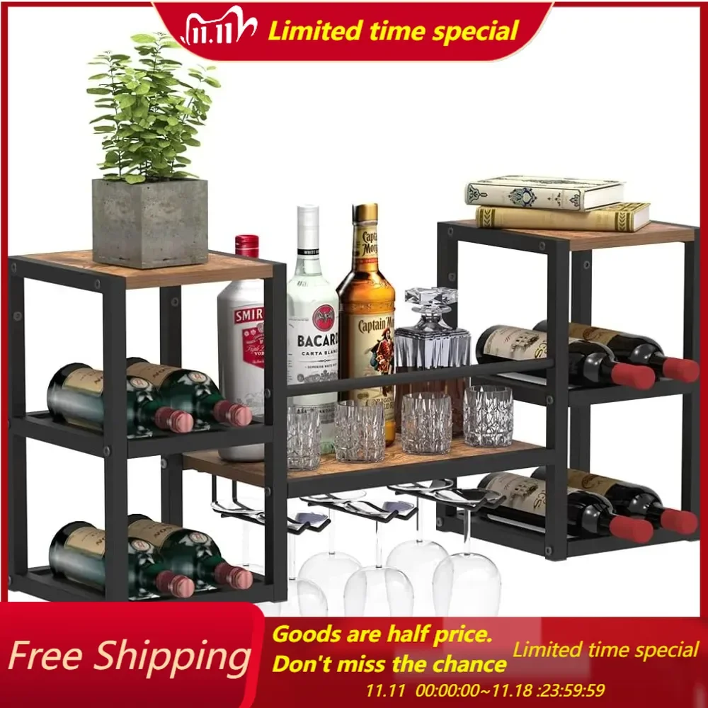 

Industrial Brown Wall Mounted Wine Rack with 3 Steam Glass Holder Partial Wood Shelf Black Metal Bottle Holder Multi