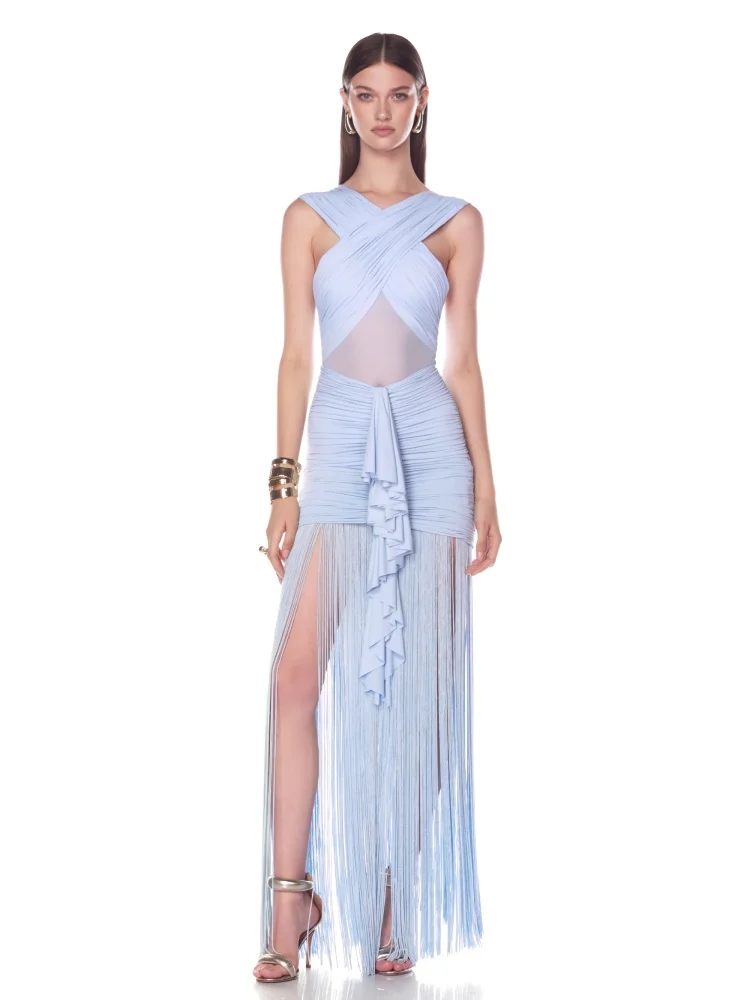 Abito da sera sexy con frange blu da donna – Abito da festa maxi trasparente con scollo all'americana incrociato senza maniche Elegante abito da cocktail per discoteca