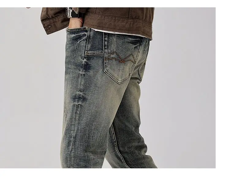 Celana Jeans Denim Distressed Washed untuk Pria |   Celana Slim Tapered Fit dengan Detail Rip Patch Gaya Retro Amerika Streetwear Musim Gugur Trendi
