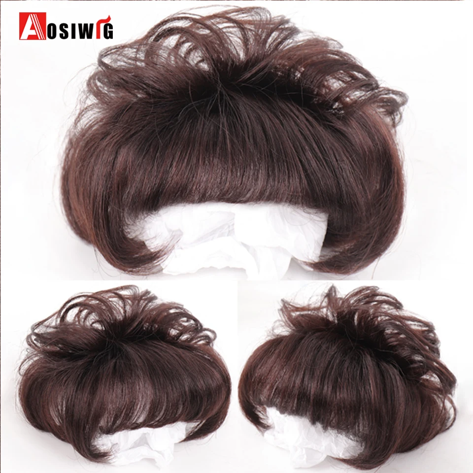 AOSIWIG Synthetic Short Curly Black Brown Wig Top Toupee Clip In Hair Extension Replacement System Closure Hairpiece Bangs Women