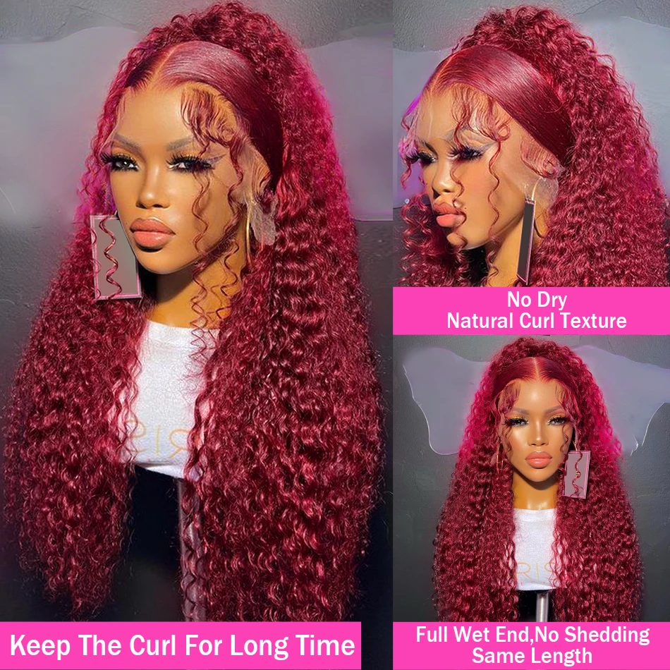 ロンググルーレスバーガンディ99j-26インチ180密度ソフトキンキーカーリーレースフロントウィッグ女性用ベビーヘア合成プレプラッキング済みデイリー