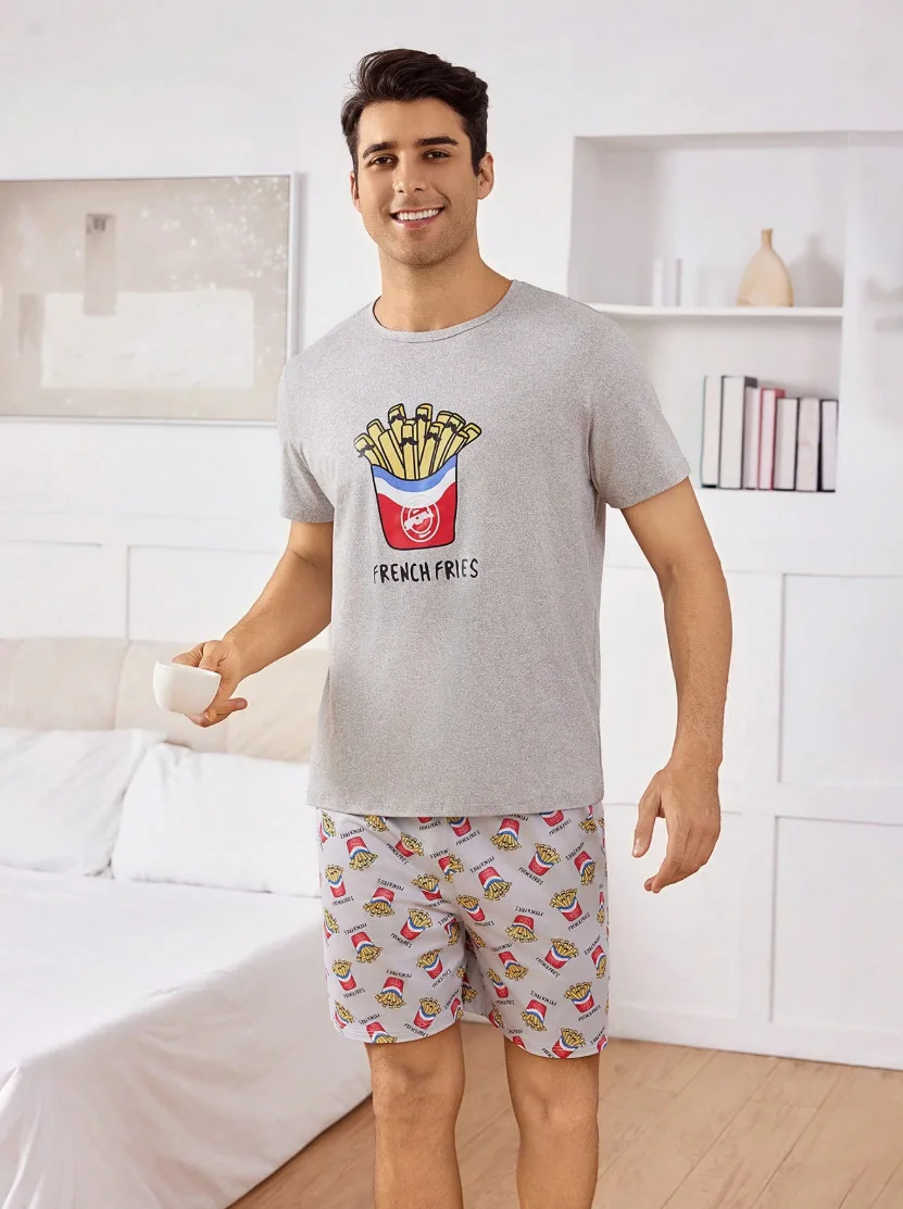 

Men's suit with short-sleeved shirt and shorts, printed design, loose and casual