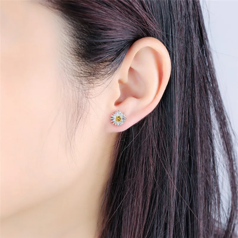 Real 925 Sterling Silver Daisy Flower Mini Stud Earrings for Women Cute Plant Fine Jewelry 2024 Trendy Accessories - view 2