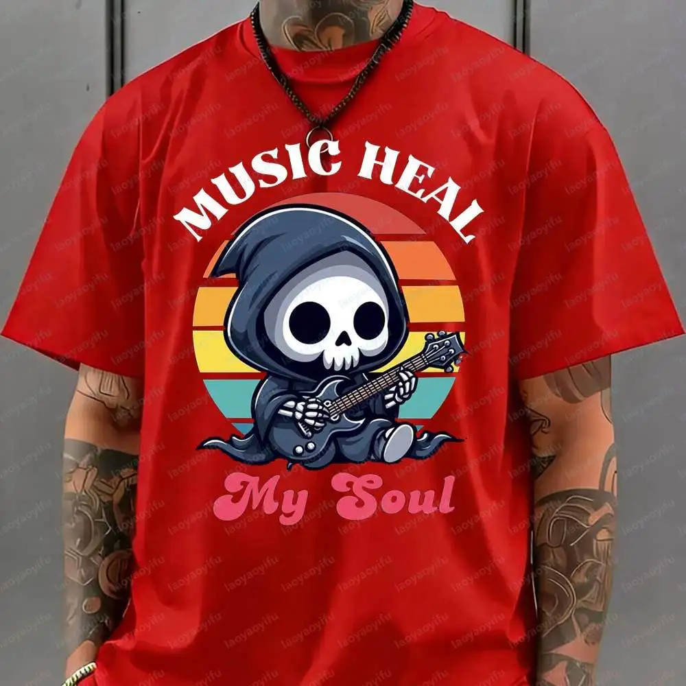Funny Music Heal My Soul Grim Reaper Guitar T-Shirt Retro Sunset Rock Print Cotton Casual Tee for Men Music Lover Graphic Tops