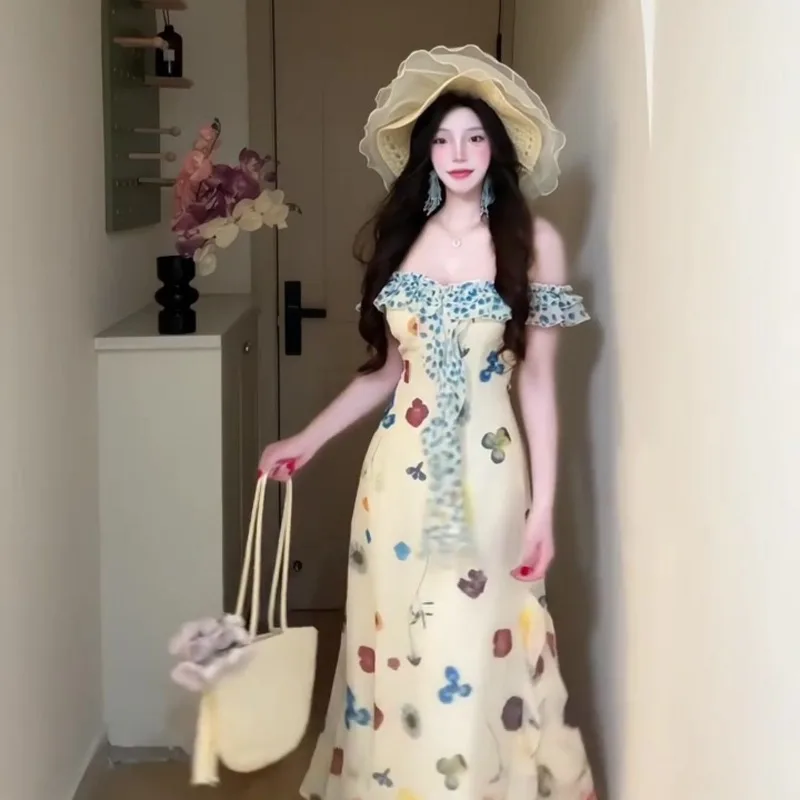 

French Print One-word Shoulder Sleeveless Dress Women's Summer Seaside Vacation Waist Thin Unique Beautiful Long Skirt