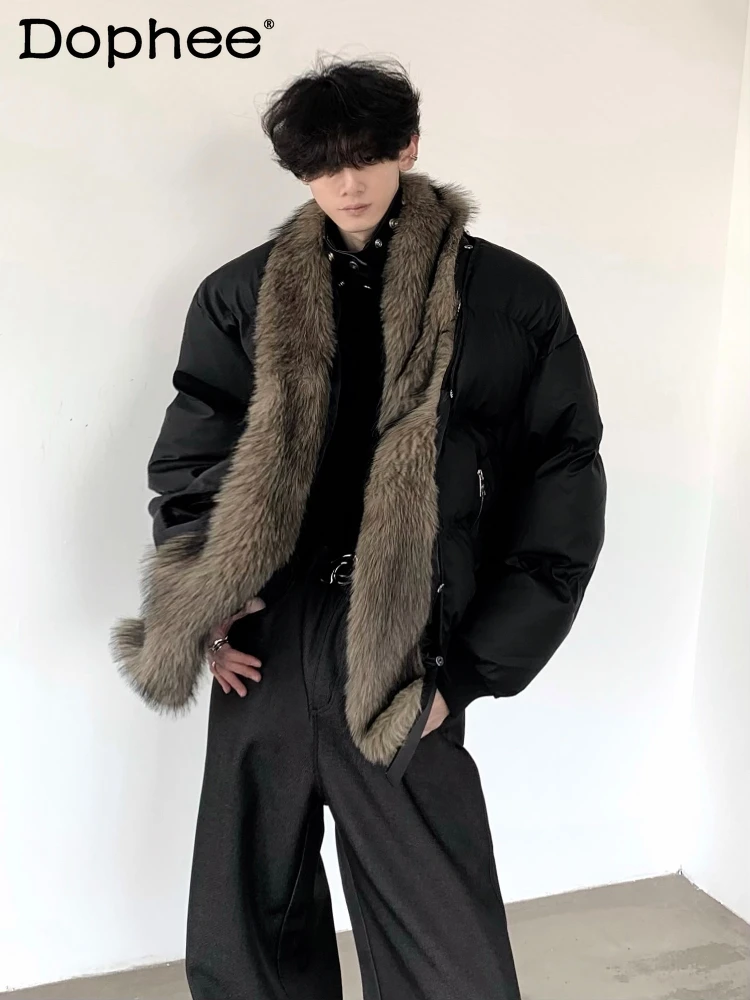 Male Stylish Splicing Chic Mink Collar Cotton Clothes Men's 2024 Winter New Long Sleeve Parkas Trendy Faux Fur Thickened Jackets